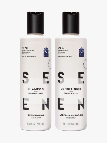 Seen Shampoo and Conditioner Fragrance Free in branded components on a light gray background