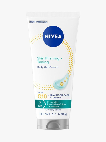 Nivea Skin Firming & Toning Gel-Cream with Q10 in branded tube component on a light gray background
