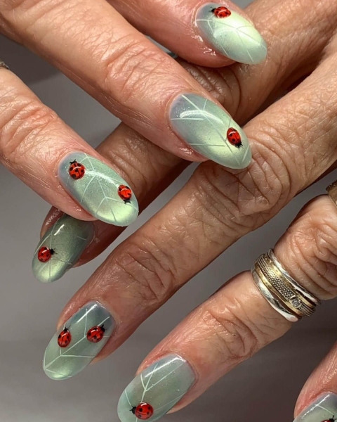 ladybug nails on velvet green base