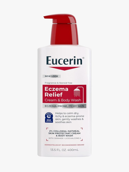 Eucerin Eczema Relief Cream Body Wash in branded component on a light gray background